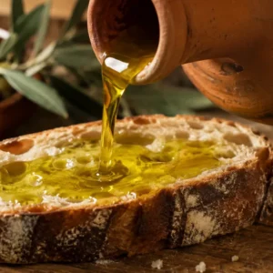 Olio extravergine di oliva versato da un’anfora di terracotta su una fetta di pane rustico, con olive e ramo d’ulivo